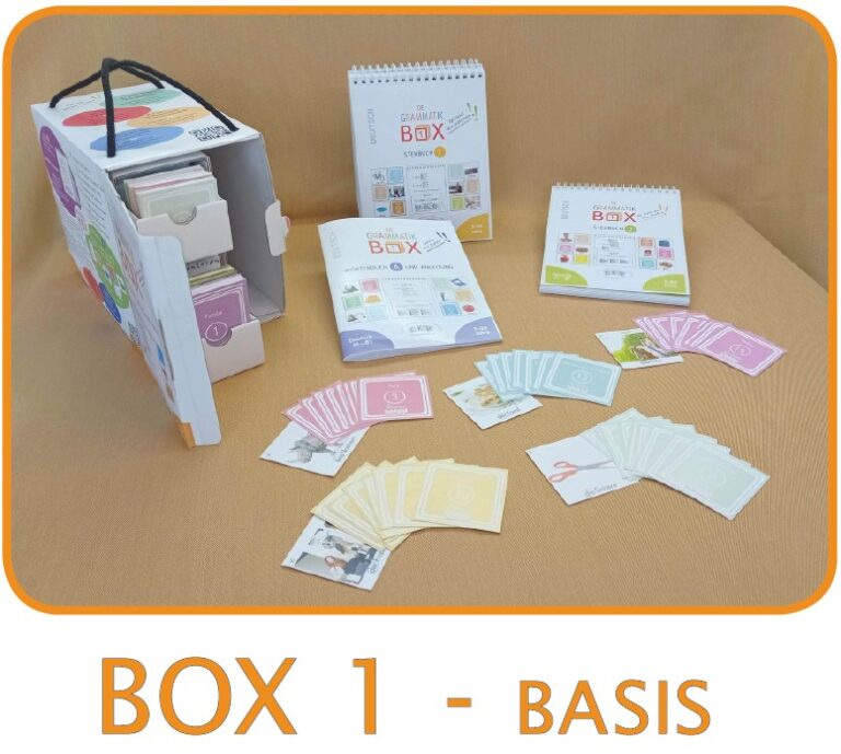 Box 1 mit Stehbüchern, Wortschatzkarten und Bildwörterbuch